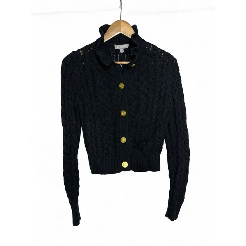 J. Crew Black Cable-Knit Ruffle Neck Button Up Cardigan Sweater Size S